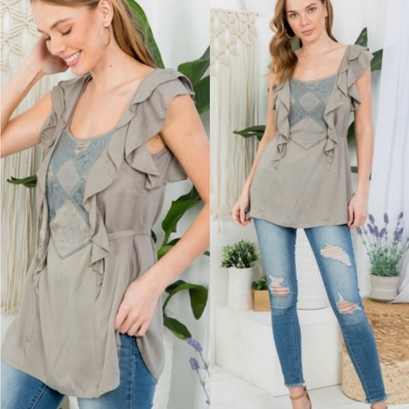 A'Reve Tops - 🌸NWT Handmade Sleeveless Top With Lace Inlay. Olive Green. Medium